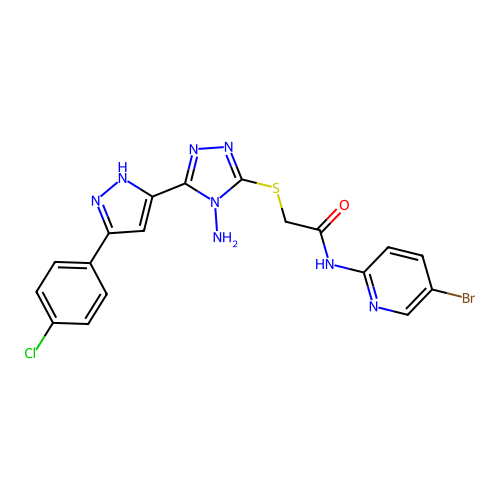 2-((4-amino-5-(3-(4-chlorophenyl)-1H-pyrazol-5-yl)-4H-1,2,4-triazol-3-yl)thio)-N-(5-bromopyridin-2-yl)acetamide structure