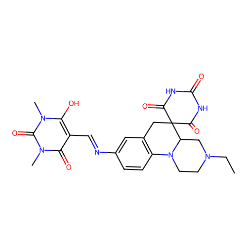 5-{[(3-ethyl-2',6'-dihydroxy-4'-oxo-2,3,4,4a-tetrahydro-1H,4'H,6H-spiro[pyrazino[1,2-a]quinoline-5,5'-pyrimidin]-8-yl)amino]methylidene}-1,3-dimethylpyrimidine-2,4,6(1H,3H,5H)-trione structure