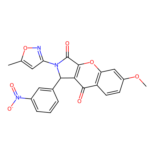 6-methoxy-2-(5-methyl-1,2-oxazol-3-yl)-1-(3-nitrophenyl)-1,2-dihydrochromeno[2,3-c]pyrrole-3,9-dione structure