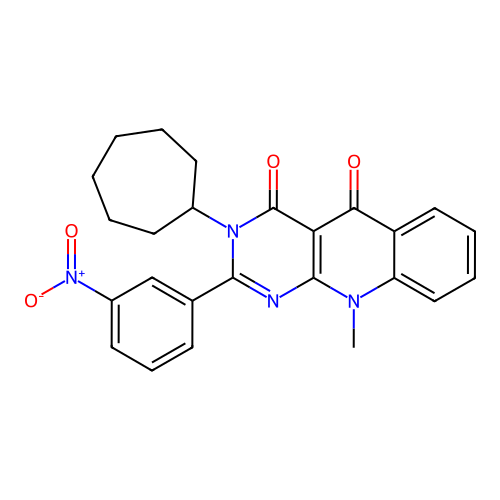 3-cycloheptyl-10-methyl-2-(3-nitrophenyl)pyrimido[4,5-b]quinoline-4,5(3H,10H)-dione structure