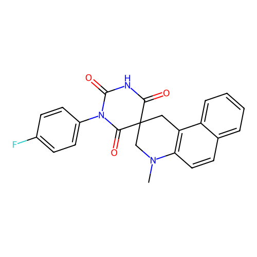 1'-(4-fluorophenyl)-4-methyl-3,4-dihydro-1H,1'H-spiro[benzo[f]quinoline-2,5'-pyrimidine]-2',4',6'(3'H)-trione structure