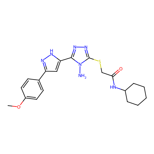 2-((4-amino-5-(3-(4-methoxyphenyl)-1H-pyrazol-5-yl)-4H-1,2,4-triazol-3-yl)thio)-N-cyclohexylacetamide structure