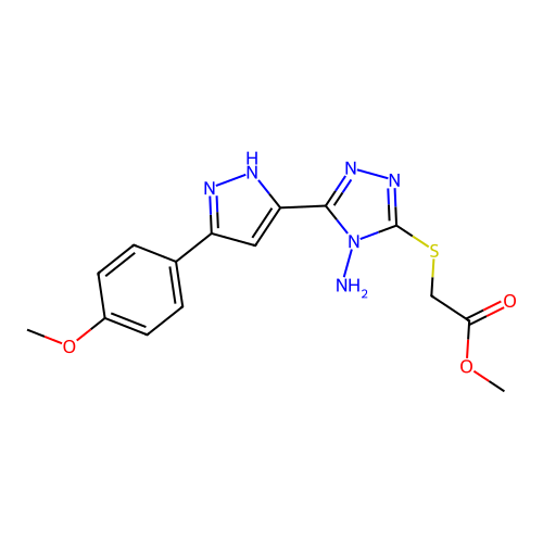 methyl 2-{4-amino-5-[3-(4-methoxyphenyl)pyrazol-5-yl]-1,2,4-triazol-3-ylthio}a cetate structure