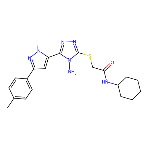 2-((4-amino-5-(3-(p-tolyl)-1H-pyrazol-5-yl)-4H-1,2,4-triazol-3-yl)thio)-N-cyclohexylacetamide structure