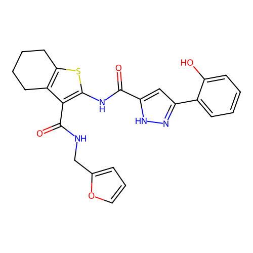 N-{3-[(furan-2-ylmethyl)carbamoyl]-4,5,6,7-tetrahydro-1-benzothiophen-2-yl}-5-(2-hydroxyphenyl)-1H-pyrazole-3-carboxamide structure
