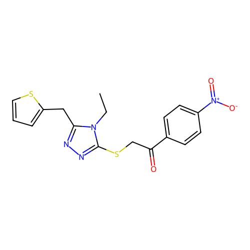 2-((4-ethyl-5-(thiophen-2-ylmethyl)-4H-1,2,4-triazol-3-yl)thio)-1-(4-nitrophenyl)ethanone structure