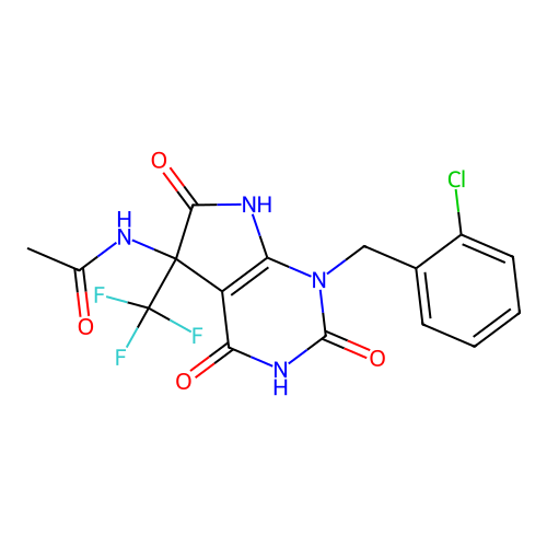 N-(1-(2-chlorobenzyl)-2,4,6-trioxo-5-(trifluoromethyl)-2,3,4,5,6,7-hexahydro-1H-pyrrolo[2,3-d]pyrimidin-5-yl)acetamide structure