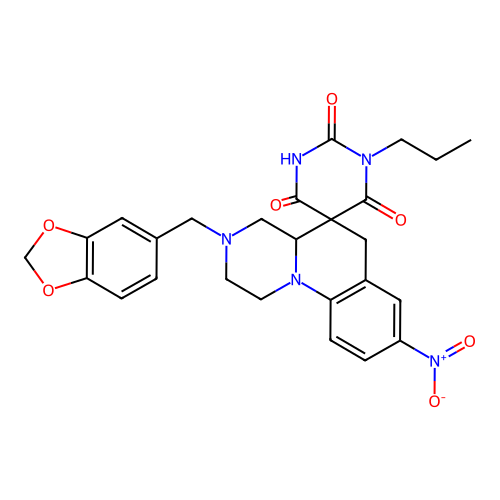 3'-(1,3-benzodioxol-5-ylmethyl)-8'-nitro-1-propylspiro[1,3-diazinane-5,5'-2,4,4a,6-tetrahydro-1H-pyrazino[1,2-a]quinoline]-2,4,6-trione structure