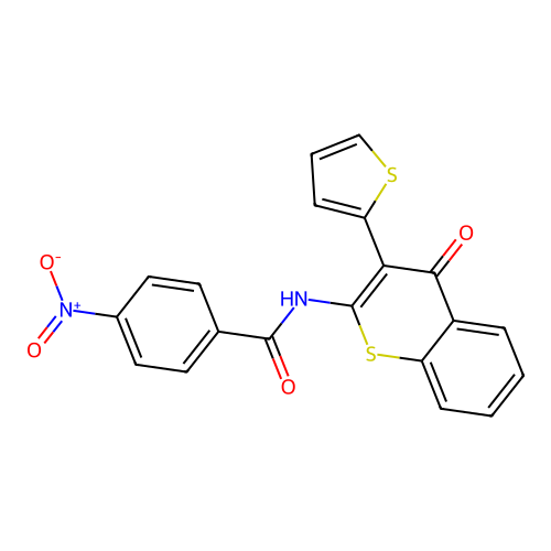 4-nitro-N-(4-oxo-3-(thiophen-2-yl)-4H-thiochromen-2-yl)benzamide structure