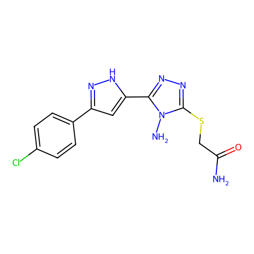 2-((4-amino-5-(3-(4-chlorophenyl)-1H-pyrazol-5-yl)-4H-1,2,4-triazol-3-yl)thio)acetamide structure