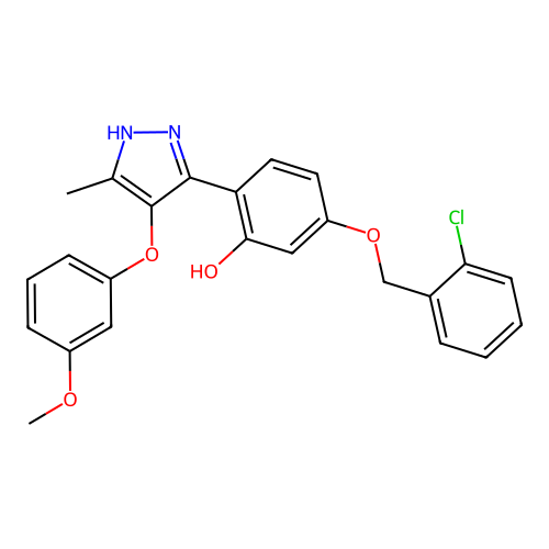 5-[(2-chlorobenzyl)oxy]-2-[4-(3-methoxyphenoxy)-5-methyl-1H-pyrazol-3-yl]phenol structure