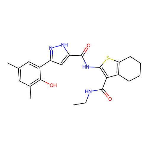 5-(2-Hydroxy-3,5-dimethyl-phenyl)-2H-pyrazole-3-carboxylic acid (3-ethylcarbamoyl-4,5,6,7-tetrahydro-benzo[b]thiophen-2-yl)-amide structure