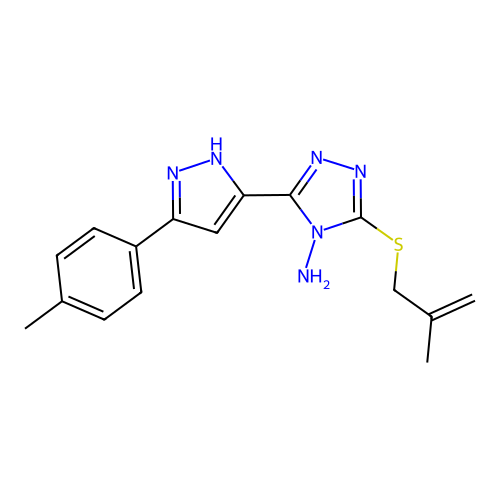 3-((2-methylallyl)thio)-5-(3-(p-tolyl)-1H-pyrazol-5-yl)-4H-1,2,4-triazol-4-amine structure