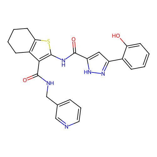 5-(2-hydroxyphenyl)-N-{3-[(pyridin-3-ylmethyl)carbamoyl]-4,5,6,7-tetrahydro-1-benzothiophen-2-yl}-1H-pyrazole-3-carboxamide structure