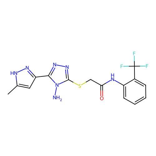 2-((4-amino-5-(3-methyl-1H-pyrazol-5-yl)-4H-1,2,4-triazol-3-yl)thio)-N-(2-(trifluoromethyl)phenyl)acetamide structure