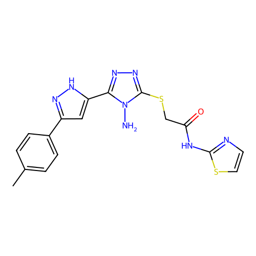 2-((4-amino-5-(3-(p-tolyl)-1H-pyrazol-5-yl)-4H-1,2,4-triazol-3-yl)thio)-N-(thiazol-2-yl)acetamide structure