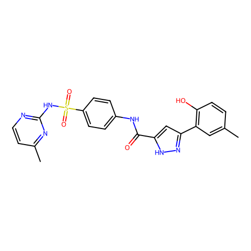 5-(2-hydroxy-5-methylphenyl)-N-{4-[(4-methylpyrimidin-2-yl)sulfamoyl]phenyl}-1H-pyrazole-3-carboxamide structure