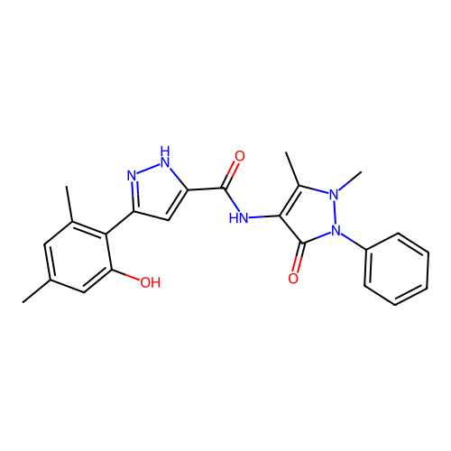 N-(1,5-dimethyl-3-oxo-2-phenyl-2,3-dihydro-1H-pyrazol-4-yl)-3-(2-hydroxy-4,6-dimethylphenyl)-1H-pyrazole-5-carboxamide structure