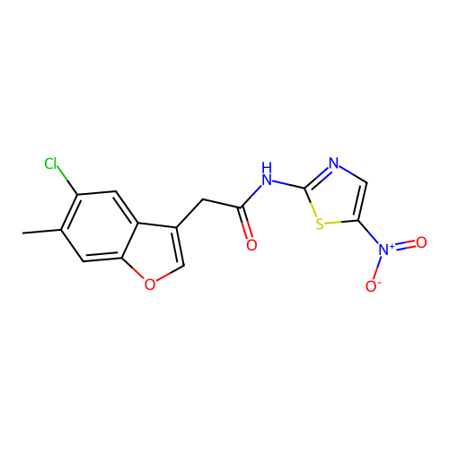 2-(5-chloro-6-methyl-1-benzofuran-3-yl)-N-(5-nitro-1,3-thiazol-2-yl)acetamide structure