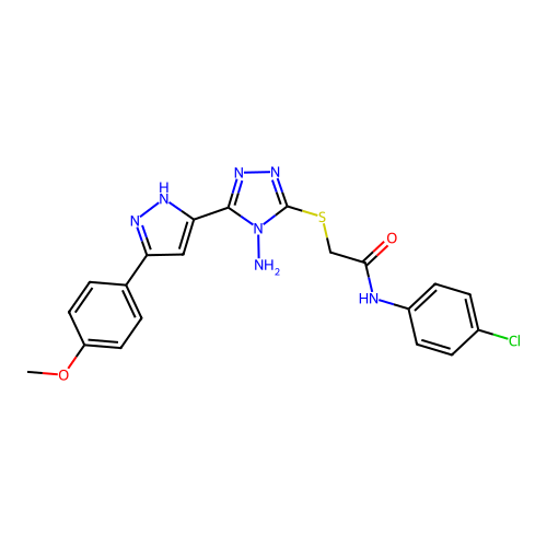 2-((4-amino-5-(3-(4-methoxyphenyl)-1H-pyrazol-5-yl)-4H-1,2,4-triazol-3-yl)thio)-N-(4-chlorophenyl)acetamide structure