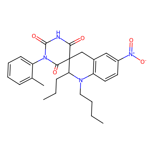 1'-butyl-1-(2-methylphenyl)-6'-nitro-2'-propylspiro[1,3-diazinane-5,3'-2,4-dihydroquinoline]-2,4,6-trione structure