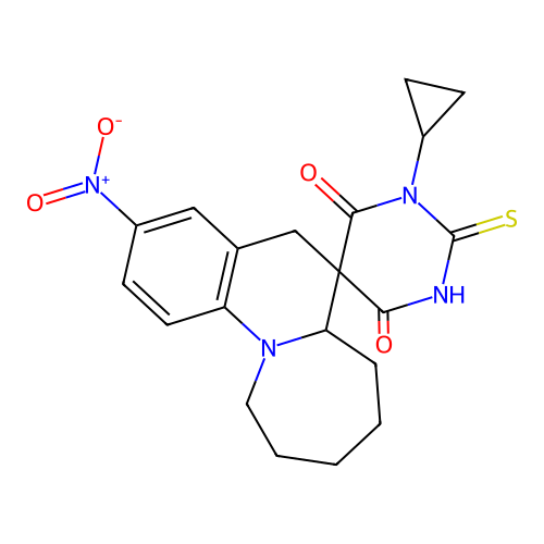 1'-cyclopropyl-3-nitro-2'-sulfanyl-6a,7,8,9,10,11-hexahydro-4'H,5H-spiro[azepino[1,2-a]quinoline-6,5'-pyrimidine]-4',6'(1'H)-dione structure