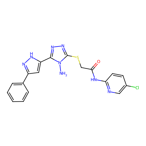 2-((4-amino-5-(3-phenyl-1H-pyrazol-5-yl)-4H-1,2,4-triazol-3-yl)thio)-N-(5-chloropyridin-2-yl)acetamide structure