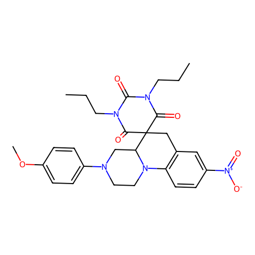 3'-(4-methoxyphenyl)-8'-nitro-1,3-dipropylspiro[1,3-diazinane-5,5'-2,4,4a,6-tetrahydro-1H-pyrazino[1,2-a]quinoline]-2,4,6-trione structure