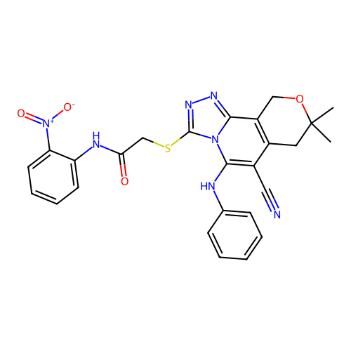 2-((6-cyano-8,8-dimethyl-5-(phenylamino)-8,10-dihydro-7H-pyrano[3,4-c][1,2,4]triazolo[4,3-a]pyridin-3-yl)thio)-N-(2-nitrophenyl)acetamide structure