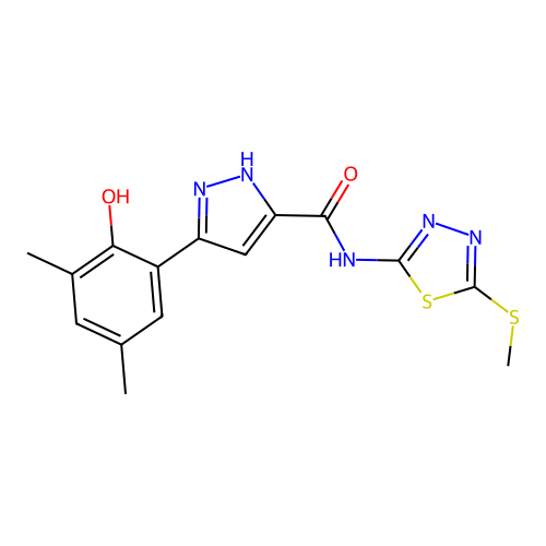 3-(2-Hydroxy-3,5-dimethylphenyl)-N-(5-methylsulfanyl-1,3,4-thiadiazol-2-yl)-1H-pyrazole-5-carboxamide structure