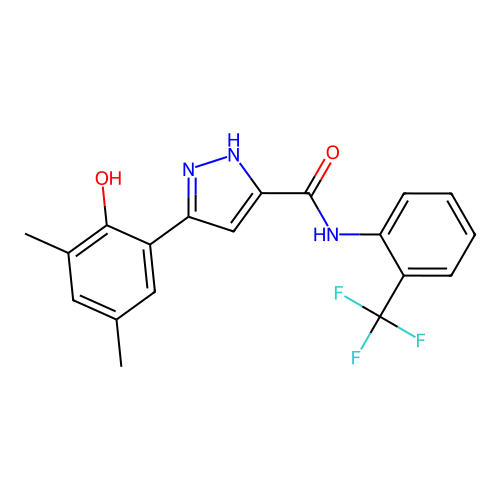 5-(2-hydroxy-3,5-dimethylphenyl)-N-[2-(trifluoromethyl)phenyl]-1H-pyrazole-3-carboxamide structure