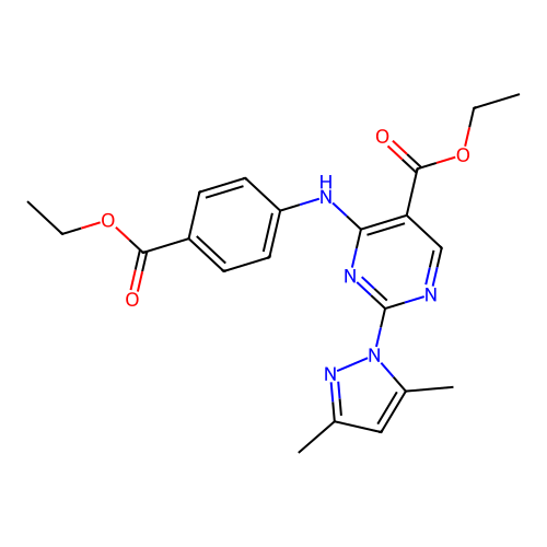 ethyl 2-(3,5-dimethylpyrazol-1-yl)-4-(4-ethoxycarbonylanilino)pyrimidine-5-carboxylate structure