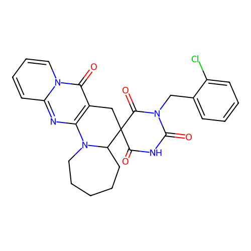 1'-(2-chlorobenzyl)-1,2,3,4,5,5a-hexahydro-1'H-spiro[pyrido[1'',2'':1',2']pyrimido[5',4':5,6]pyrido[1,2-a]azepine-6,5'-pyrimidine]-2',4',6',8(3'H,7H)-tetraone structure
