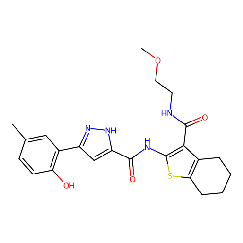5-(2-hydroxy-5-methylphenyl)-N-{3-[(2-methoxyethyl)carbamoyl]-4,5,6,7-tetrahydro-1-benzothiophen-2-yl}-1H-pyrazole-3-carboxamide structure