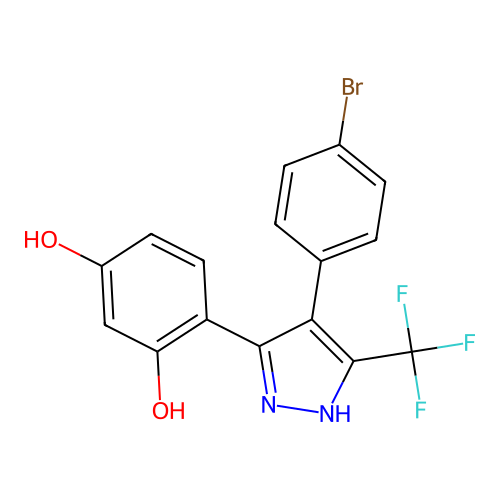 4-[4-(4-bromophenyl)-5-(trifluoromethyl)-1H-pyrazol-3-yl]benzene-1,3-diol structure