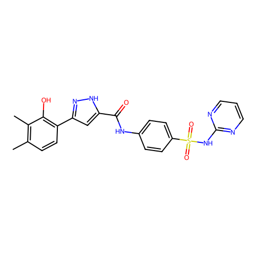 5-(2-hydroxy-3,4-dimethylphenyl)-N-[4-(pyrimidin-2-ylsulfamoyl)phenyl]-1H-pyrazole-3-carboxamide structure