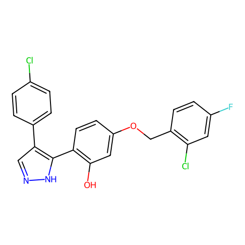 5-[(2-chloro-4-fluorobenzyl)oxy]-2-[4-(4-chlorophenyl)-1H-pyrazol-5-yl]phenol structure