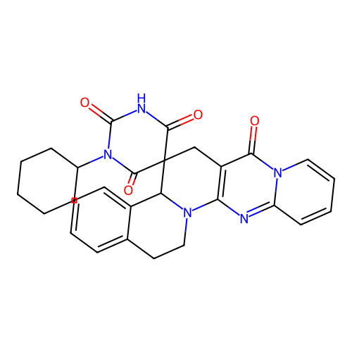 1'-cyclohexyl-15,16-dihydro-1'H,4bH-spiro[pyrido[1'',2'':1',2']pyrimido[5',4':5,6]pyrido[2,1-a]isoquinoline-5,5'-pyrimidine]-2',4',6',7(3'H,6H)-tetraone structure