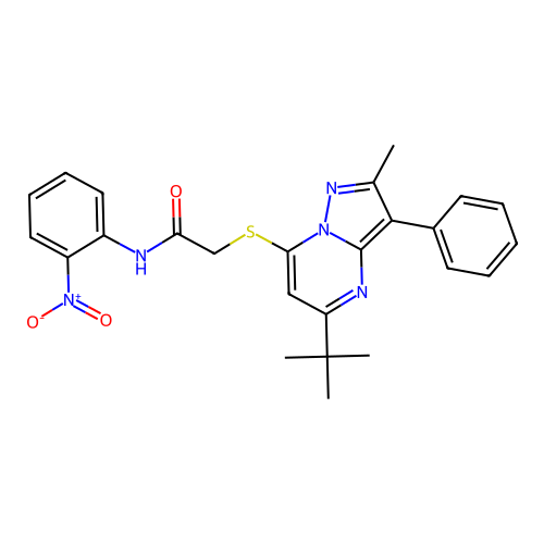 2-((5-(tert-butyl)-2-methyl-3-phenylpyrazolo[1,5-a]pyrimidin-7-yl)thio)-N-(2-nitrophenyl)acetamide structure