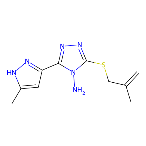 3-(2-methylprop-2-enylsulfanyl)-5-(5-methyl-1H-pyrazol-3-yl)-1,2,4-triazol-4-amine structure
