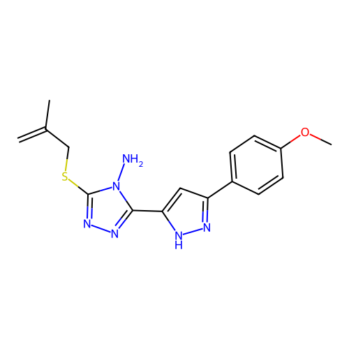 3-(3-(4-methoxyphenyl)-1H-pyrazol-5-yl)-5-((2-methylallyl)thio)-4H-1,2,4-triazol-4-amine structure