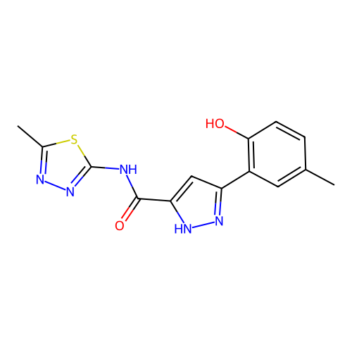 5-(2-hydroxy-5-methylphenyl)-N-(5-methyl-1,3,4-thiadiazol-2-yl)-1H-pyrazole-3-carboxamide structure