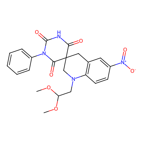 1'-(2,2-dimethoxyethyl)-6'-nitro-1-phenyl-2',4'-dihydro-1H,1'H-spiro[pyrimidine-5,3'-quinoline]-2,4,6(3H)-trione structure
