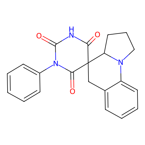 1-phenyl-2',3',3a',5'-tetrahydro-1H,1'H-spiro[pyrimidine-5,4'-pyrrolo[1,2-a]quinoline]-2,4,6(3H)-trione structure