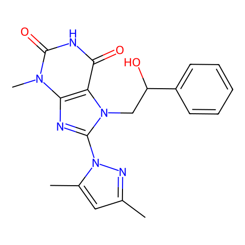 8-(3,5-dimethylpyrazol-1-yl)-7-(2-hydroxy-2-phenylethyl)-3-methylpurine-2,6-dione structure