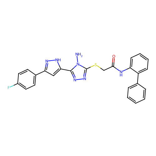 2-({4-amino-5-[5-(4-fluorophenyl)-1H-pyrazol-3-yl]-4H-1,2,4-triazol-3-yl}sulfanyl)-N-(biphenyl-2-yl)acetamide structure