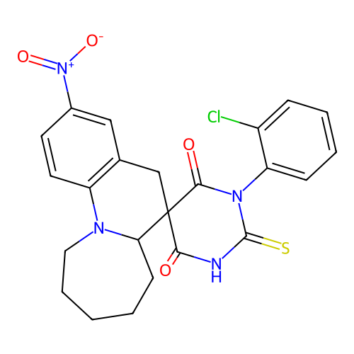 1'-(2-chlorophenyl)-3-nitro-2'-sulfanyl-6a,7,8,9,10,11-hexahydro-4'H,5H-spiro[azepino[1,2-a]quinoline-6,5'-pyrimidine]-4',6'(1'H)-dione structure