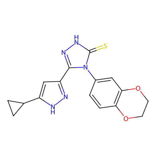 3-(5-cyclopropyl-1H-pyrazol-3-yl)-4-(2,3-dihydro-1,4-benzodioxin-6-yl)-1H-1,2,4-triazole-5-thione structure