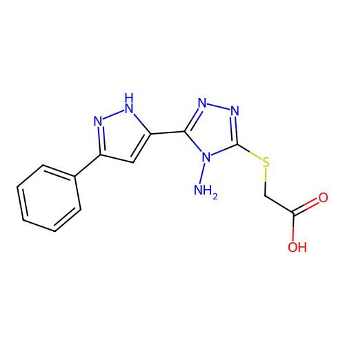 2-[4-amino-5-(3-phenylpyrazol-5-yl)-1,2,4-triazol-3-ylthio]acetic acid structure