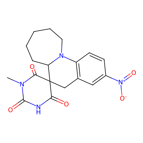1'-methyl-3-nitro-6a,7,8,9,10,11-hexahydro-1'H,5H-spiro[azepino[1,2-a]quinoline-6,5'-pyrimidine]-2',4',6'(3'H)-trione structure